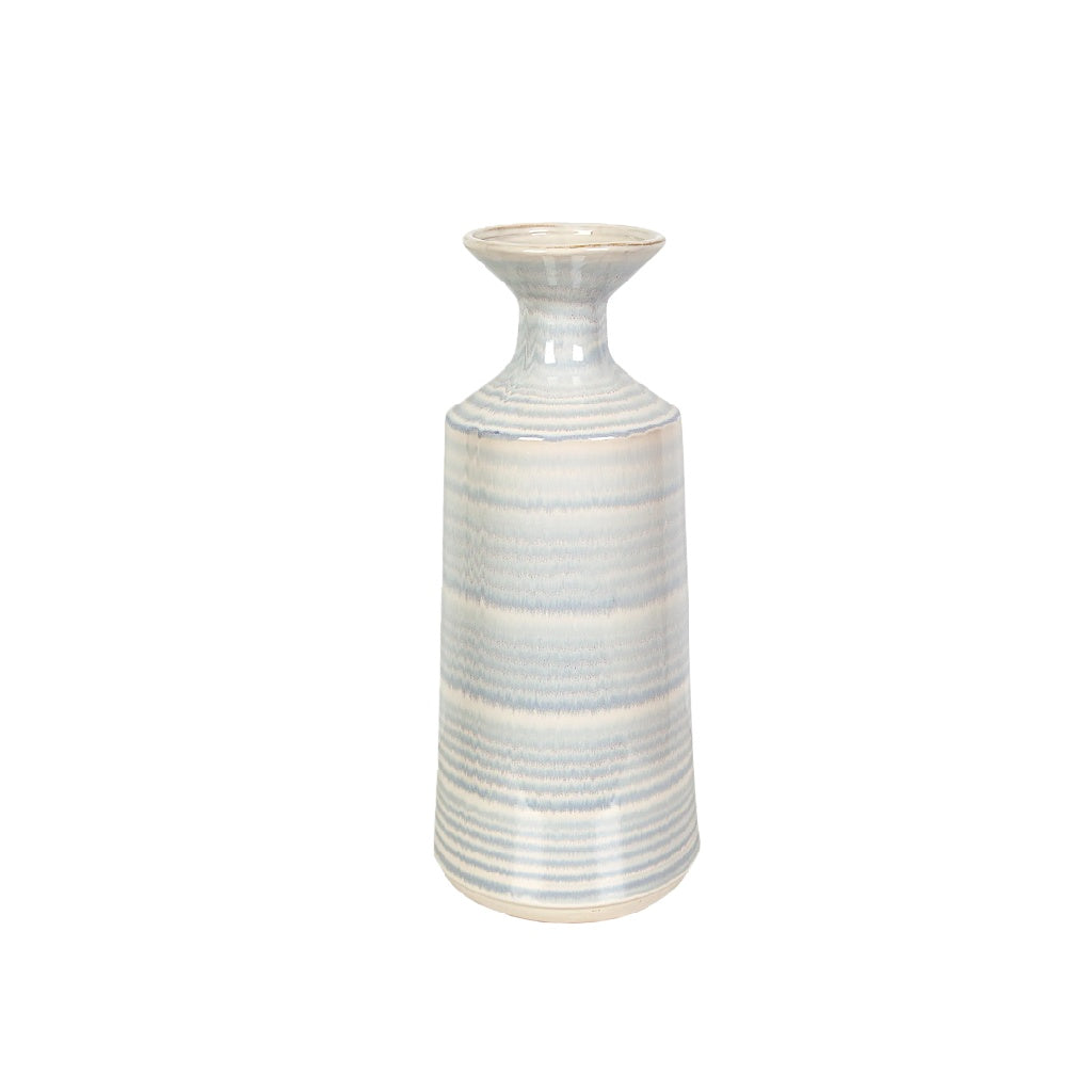 Elegante Lichtblauwe Keramische Vaas - Horizontaal Geringde Textuur - Glanzende Scandinavische Tafeldecoratie