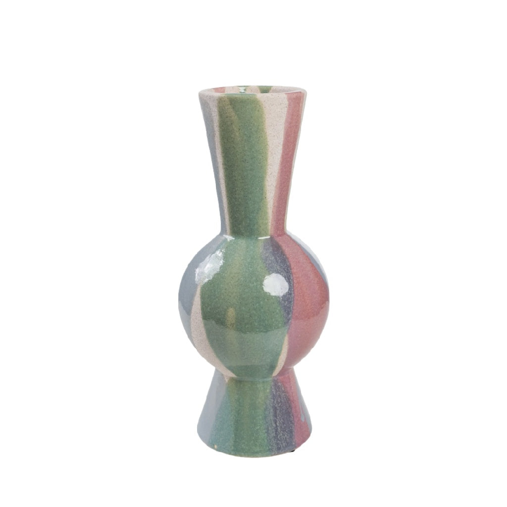 Kleurrijke Keramische Vaas met Verticale Strepen - Retro Artistiek Design - Handgeschilderde Look Tafeldecoratie