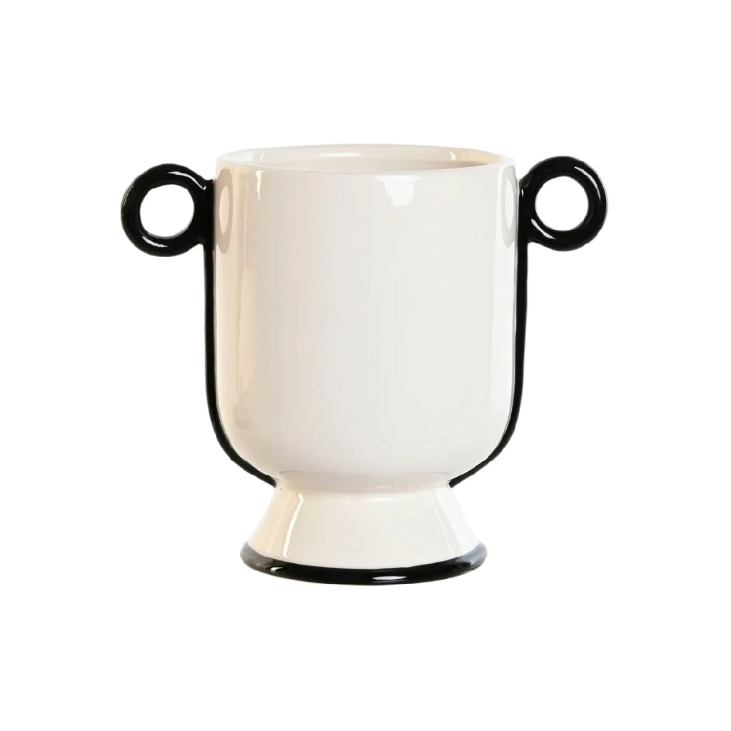 Moderne Witte Keramische Vaas met Zwarte Ronde Oren - Abstract Trofee Design - Eigentijdse Tafeldecoratie