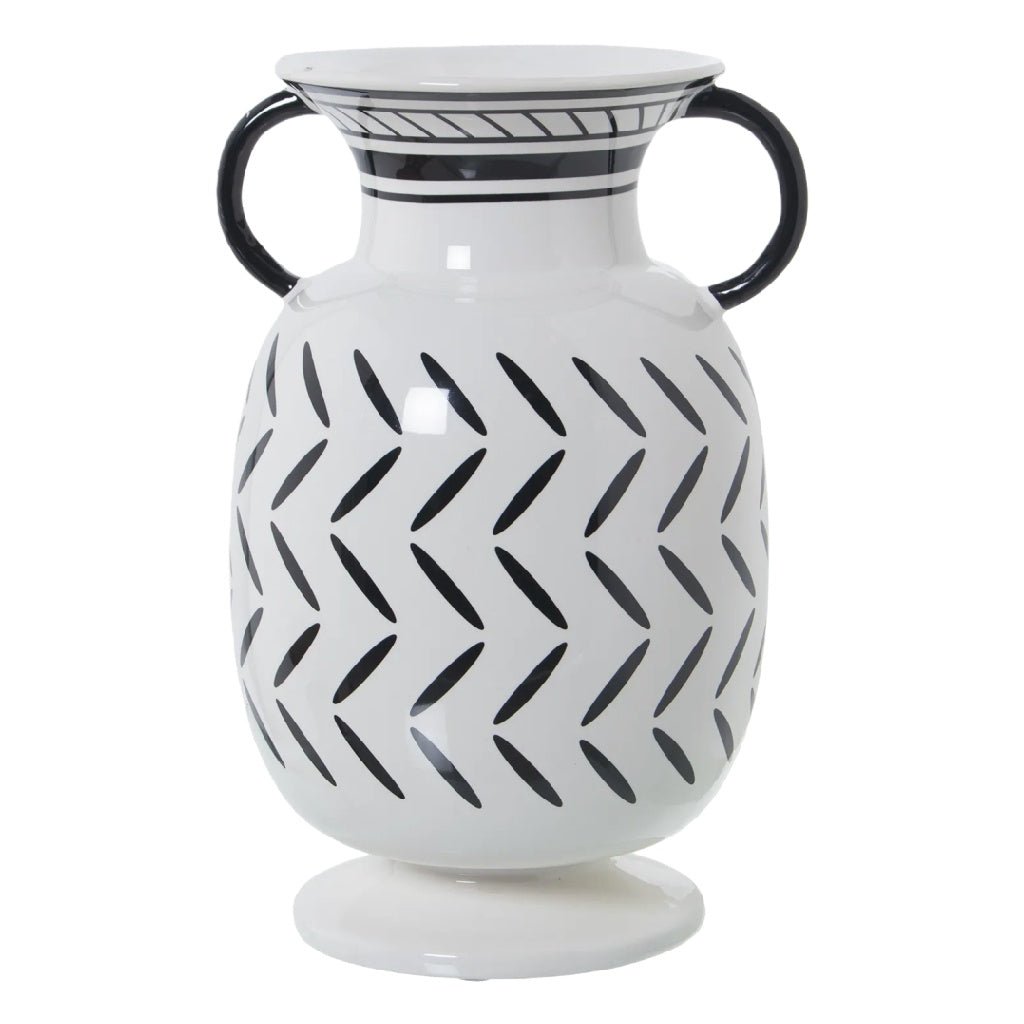 Klassieke Witte Keramische Amphora Vaas - Zwart Visgraatpatroon met Dubbele Handvaten - Handgeschilderde Look Decoratie