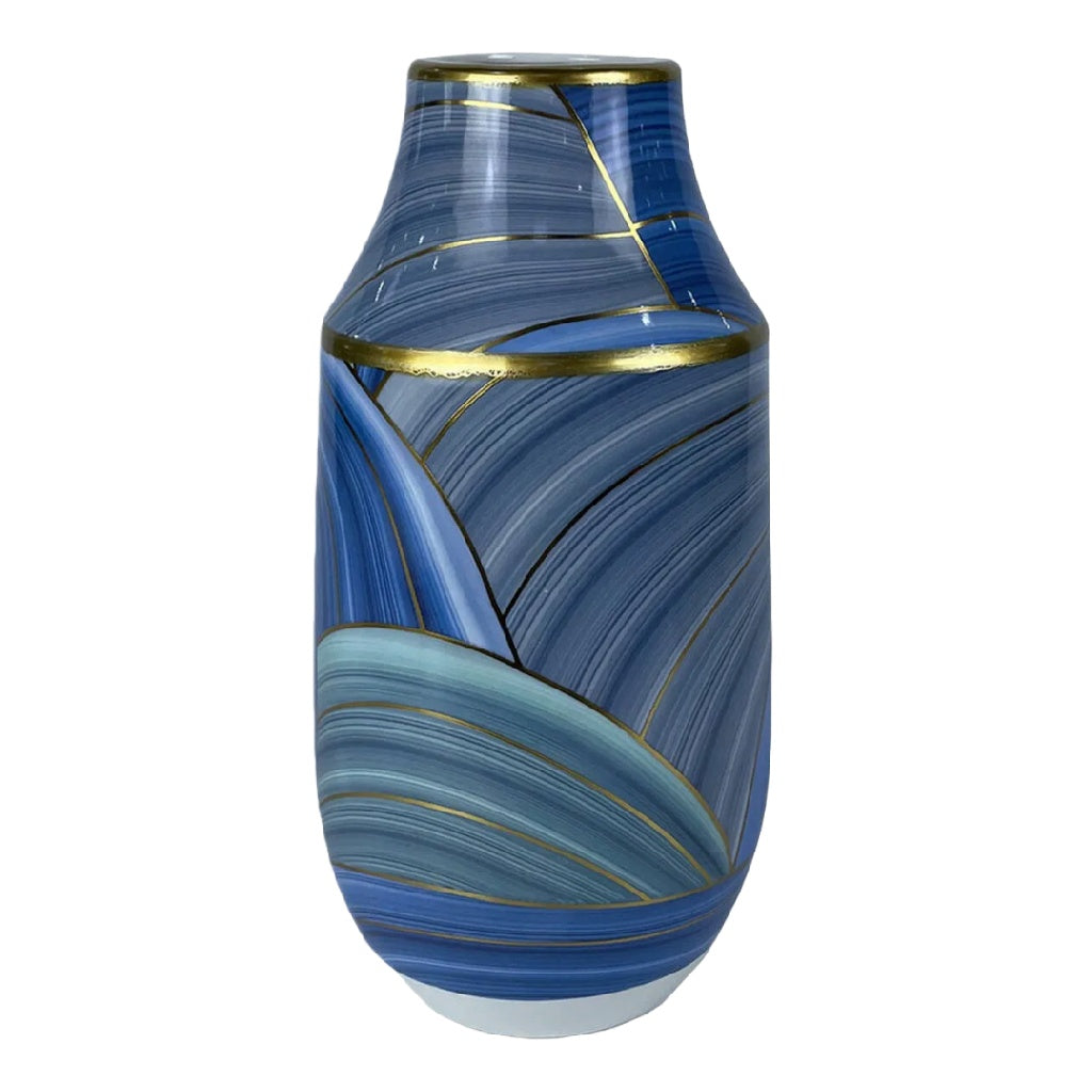 Artistieke Blauwe Keramische Vaas - Abstract Landschap Design met Gouden Lijnen - Handgeschilderde Moderne Bloemvaas