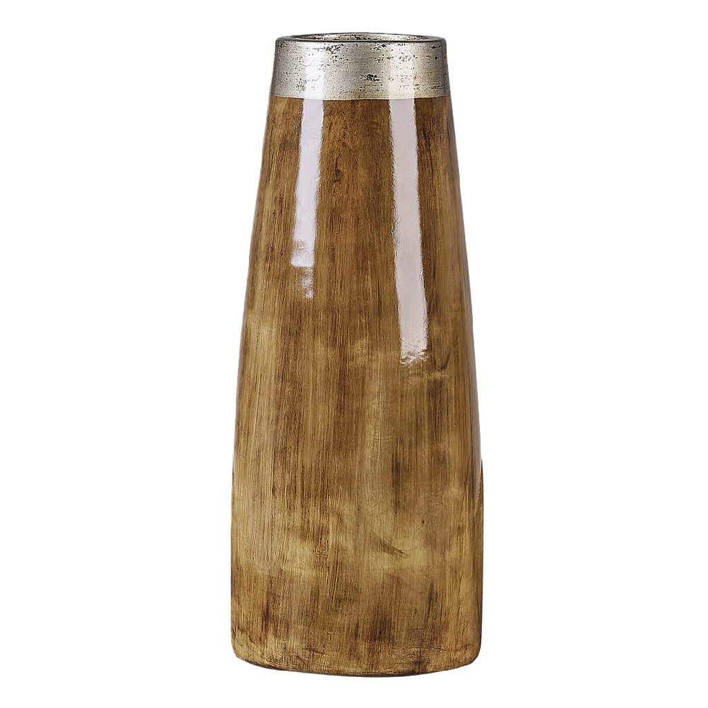 Rustieke Keramische Vaas met Houtlook Textuur - Zilveren Rand - Industriële Decoratieve Bloemenvaas