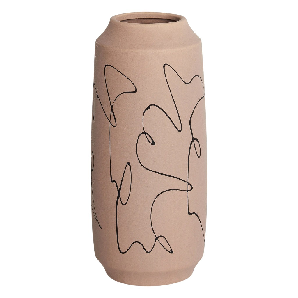Moderne Terracotta Keramische Vaas - Abstracte Zwarte Lijintekening - Mat Afgewerkte Kunstvaas voor Interieur
