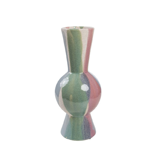 Kleurrijke Keramische Vaas met Verticale Strepen - Retro Artistiek Design - Handgeschilderde Look Tafeldecoratie