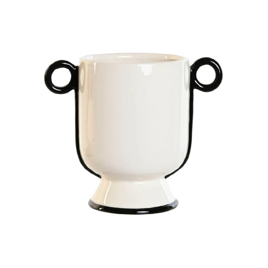 Moderne Witte Keramische Vaas met Zwarte Ronde Oren - Abstract Trofee Design - Eigentijdse Tafeldecoratie