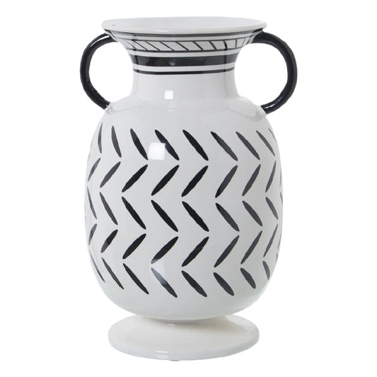 Klassieke Witte Keramische Amphora Vaas - Zwart Visgraatpatroon met Dubbele Handvaten - Handgeschilderde Look Decoratie